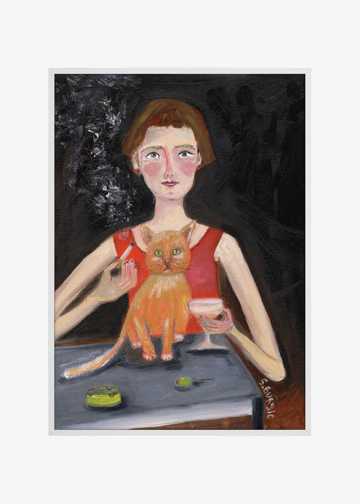 Vintage woman with cocktail and cat