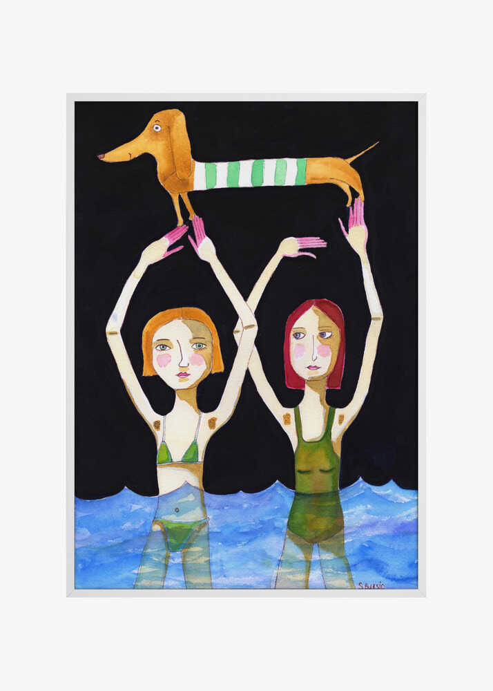 Swimming Girls with Sausage Dog