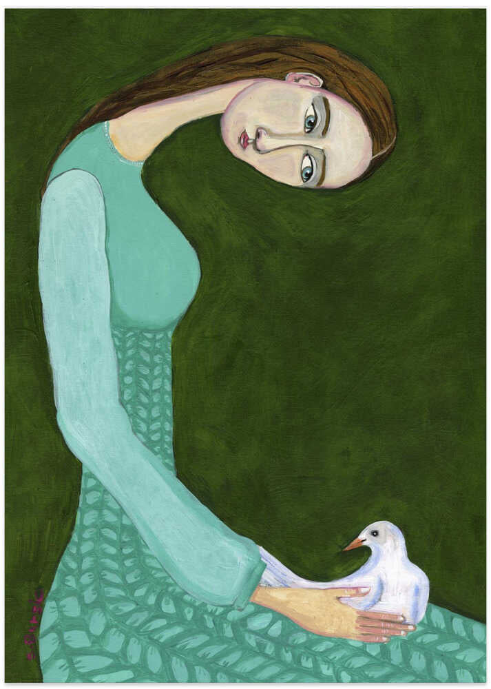 Lady sitting with white dove bird woman