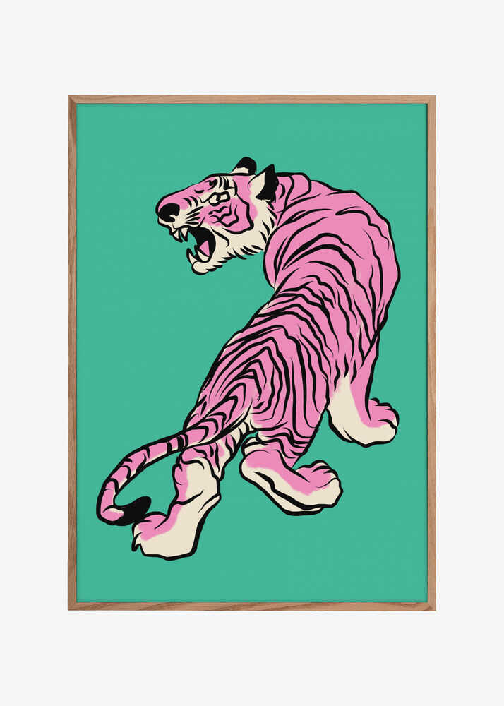 Pink Tiger Against A Teal Background