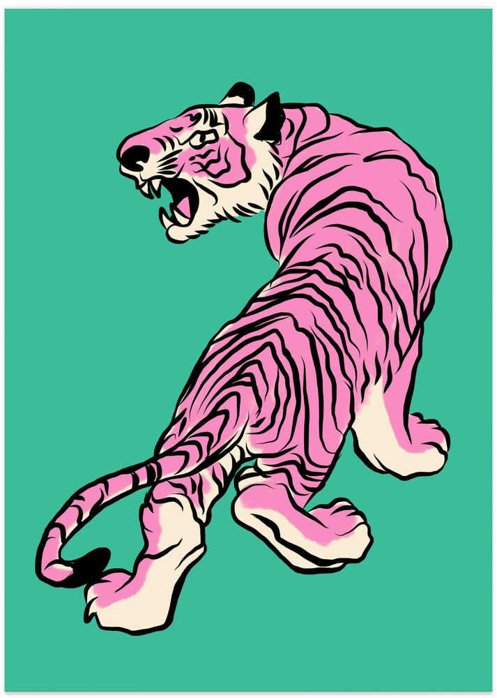 Pink Tiger Against A Teal Background