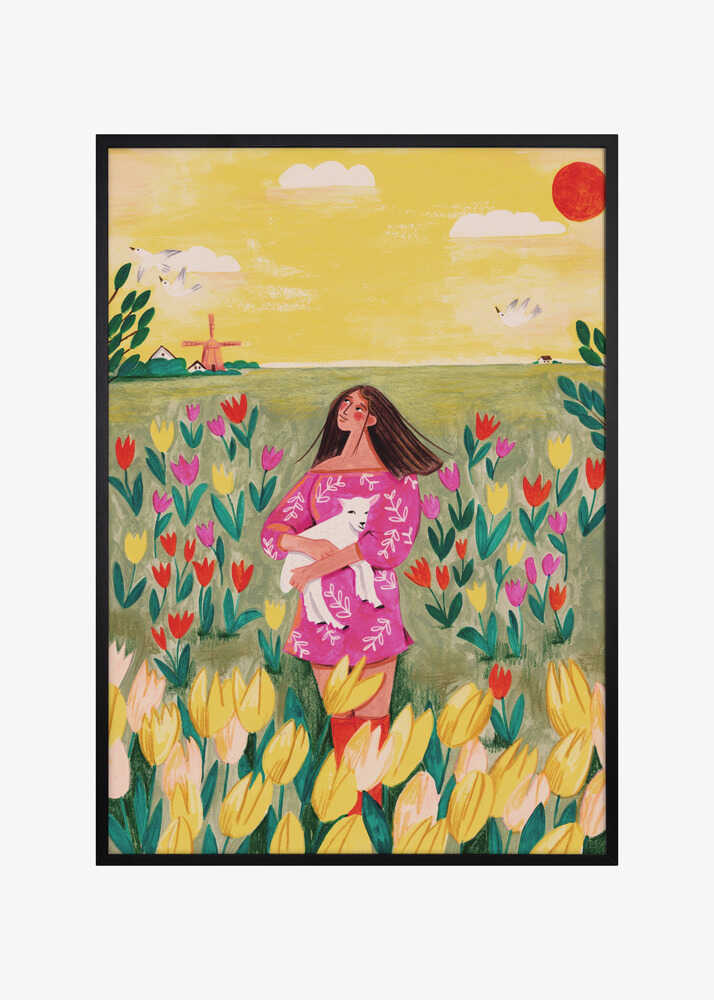 Woman in spring tulip field