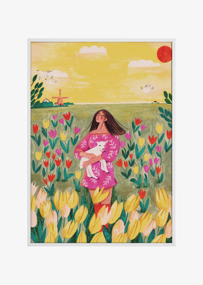Woman in spring tulip field