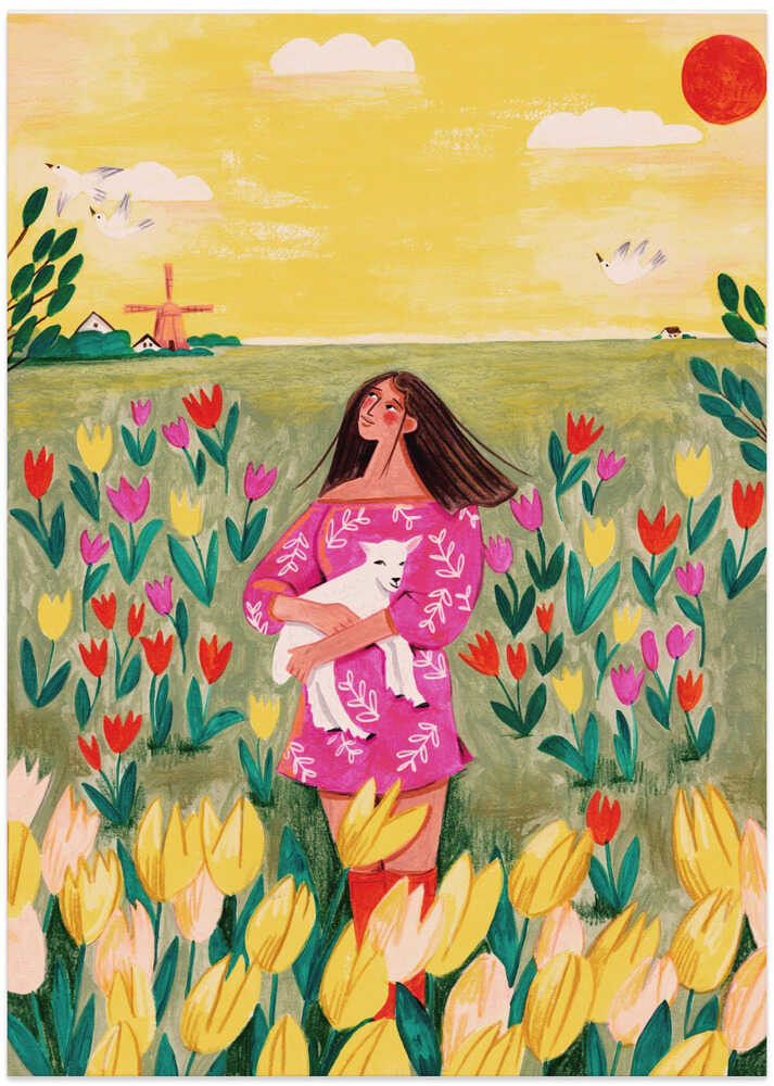 Woman in spring tulip field
