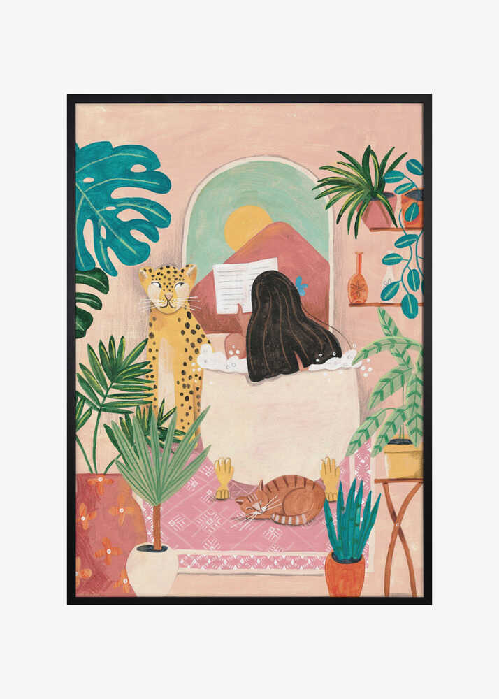 Woman taking bath in pink tropical bathroom