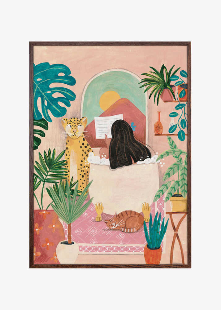 Woman taking bath in pink tropical bathroom