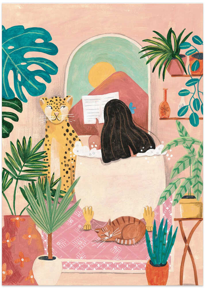 Woman taking bath in pink tropical bathroom