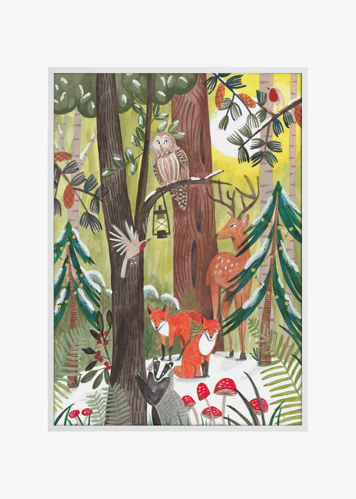 Green Christmas forest with animals