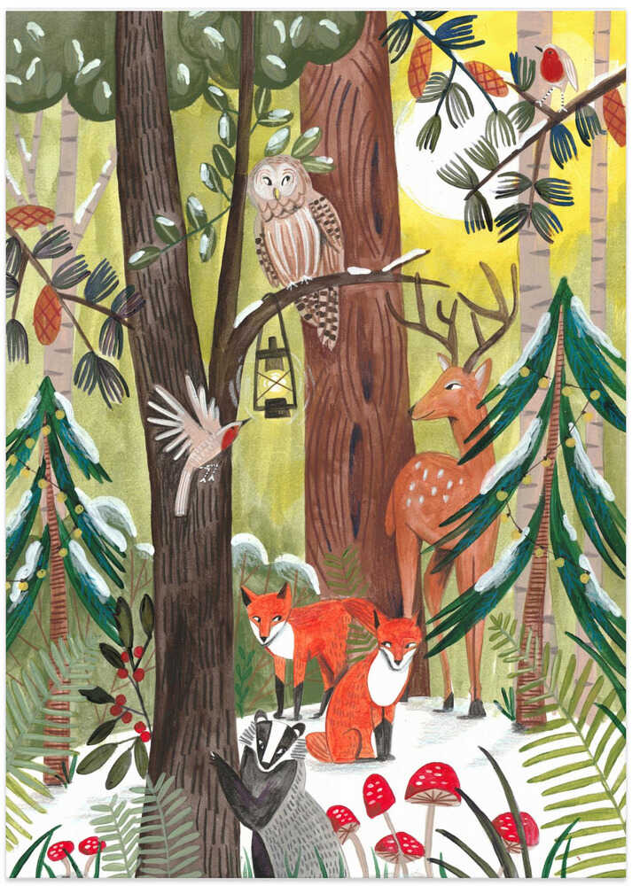 Green Christmas forest with animals