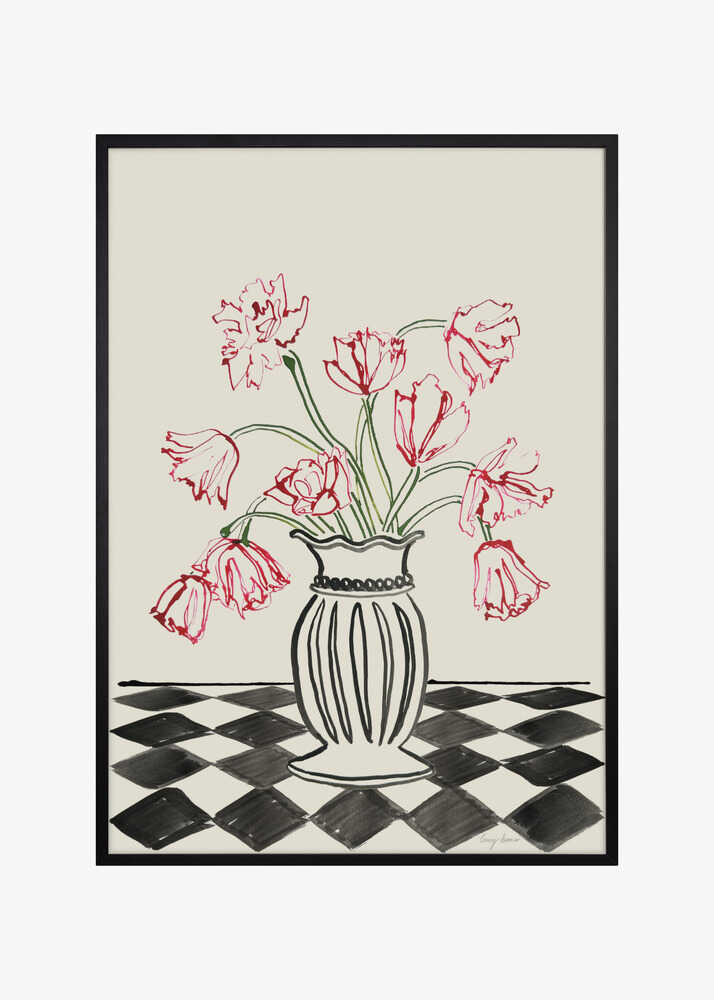 Pink Tulips In a Vase with Checkered Diamonds