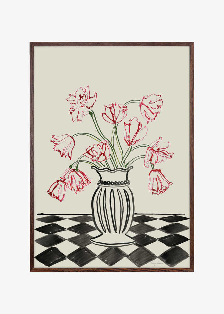 Pink Tulips In a Vase with Checkered Diamonds