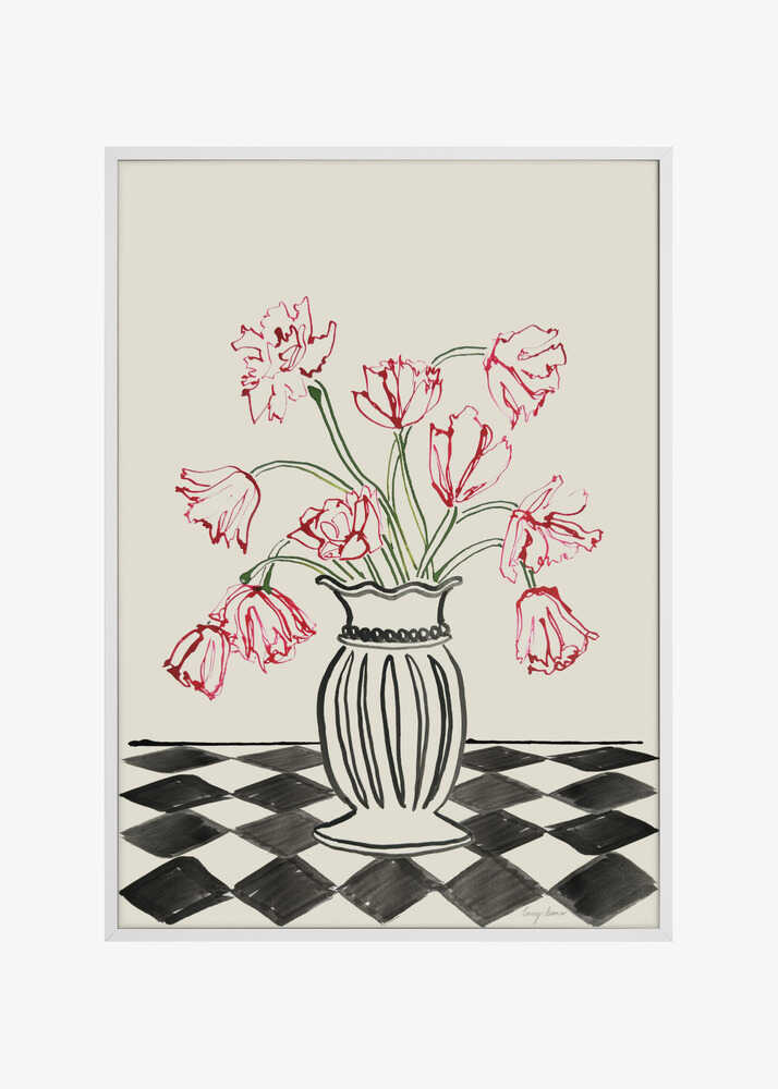 Pink Tulips In a Vase with Checkered Diamonds