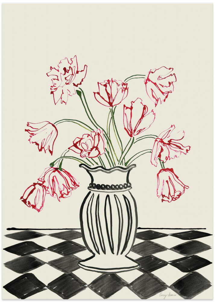 Pink Tulips In a Vase with Checkered Diamonds