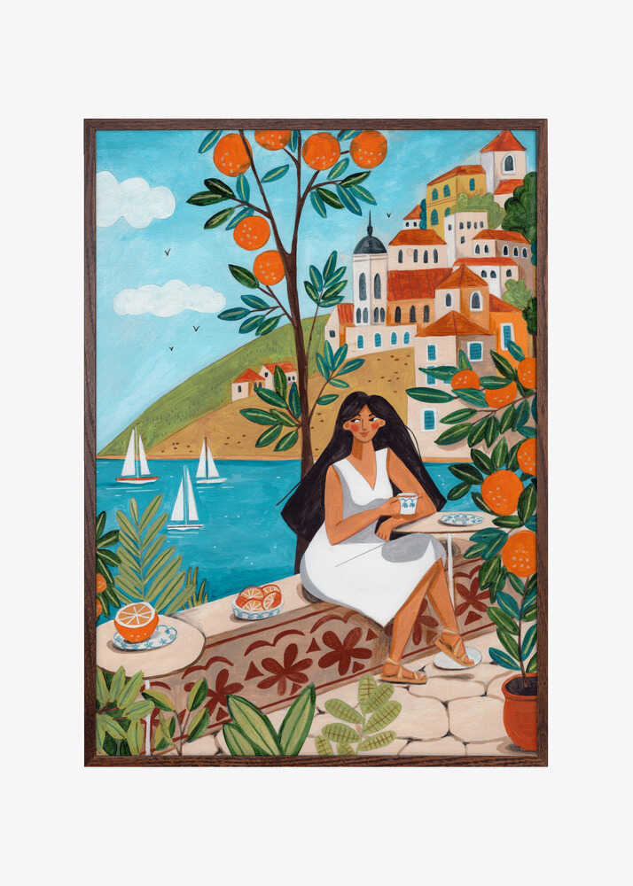 Travel poster woman in Mediterranean coast