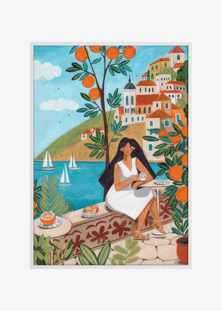 Travel poster woman in Mediterranean coast