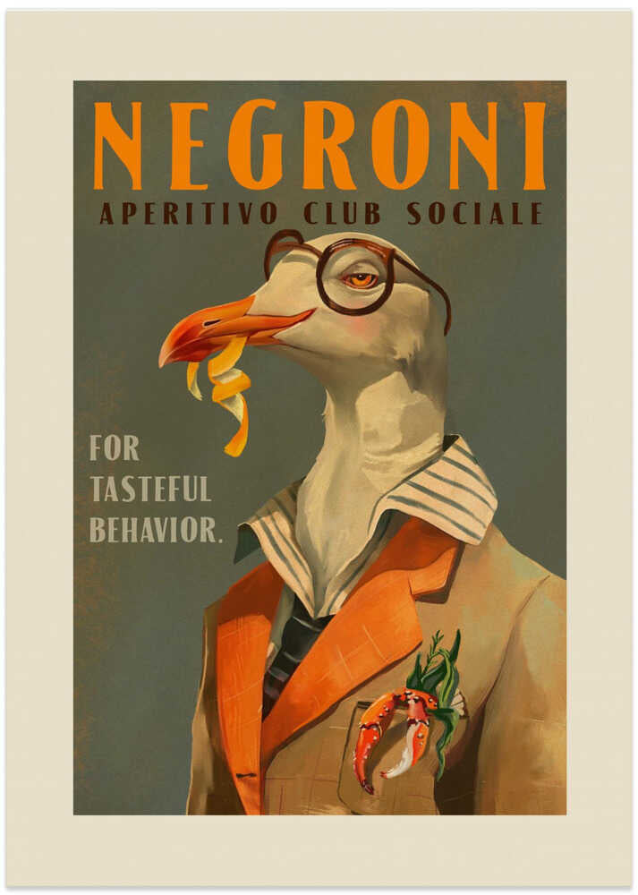 Vintage Art Deco Negroni Poster Of A Fancy Seagull