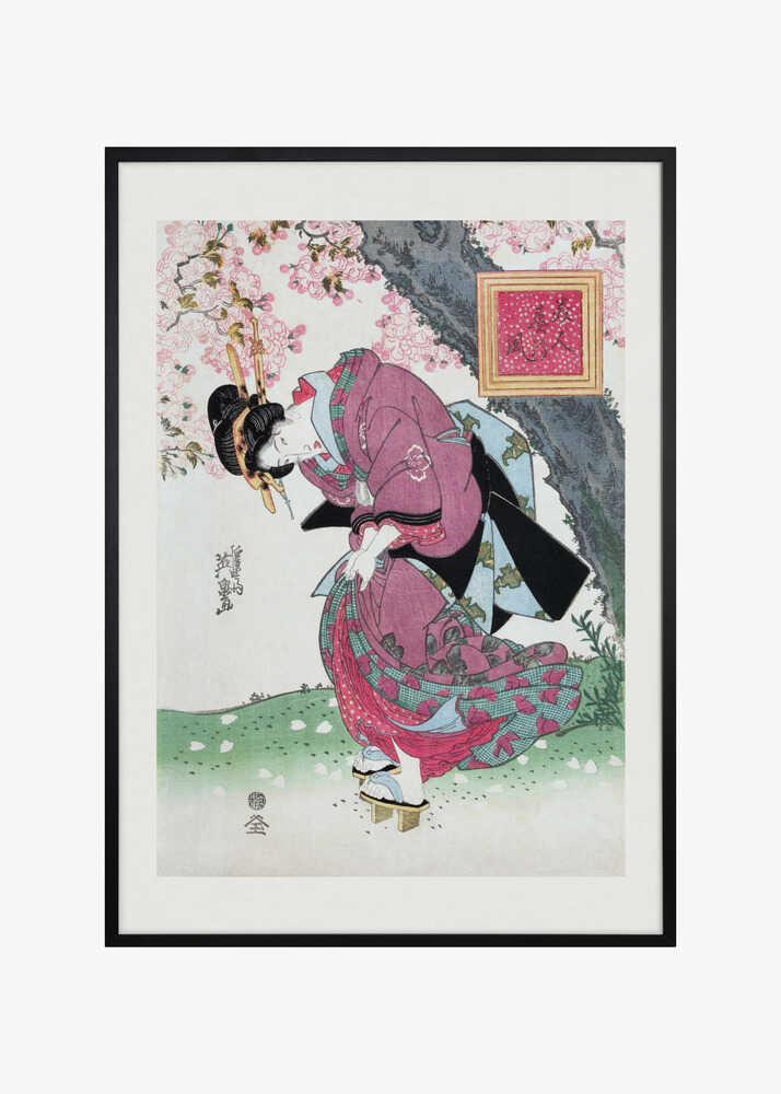 Japanese Woman and Cherry Blossom (1828) Vintage Woodblock Prints With Boarder