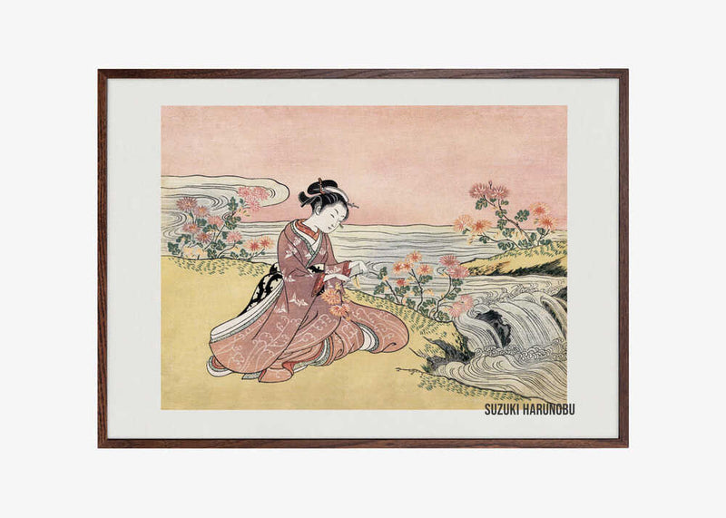 Japanese Woman Picking Chrysanthemum (1725 1770) Vintage Woodblock Print