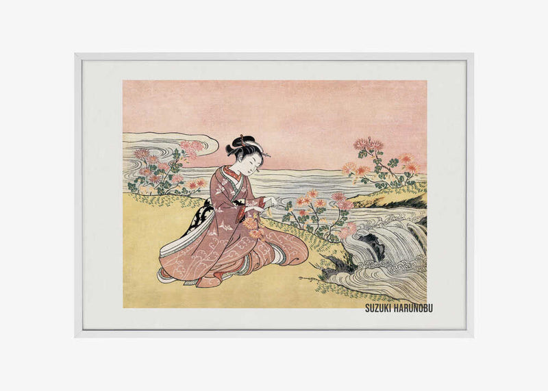 Japanese Woman Picking Chrysanthemum (1725 1770) Vintage Woodblock Print