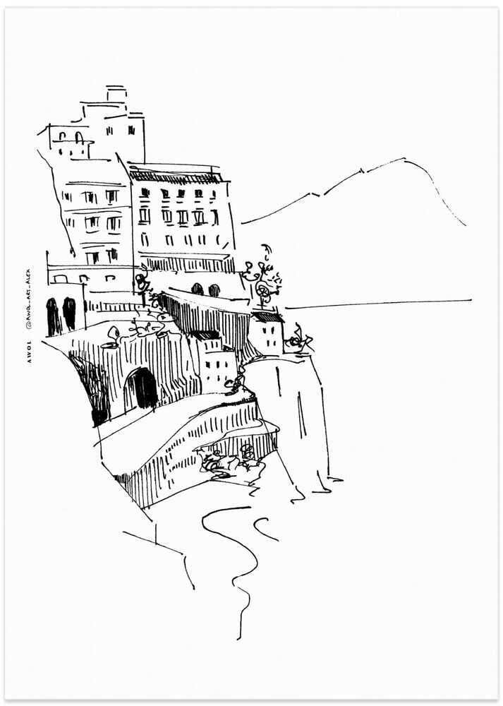 Italian Landscape Art, Amalfi Coast Small Towns By The Sea