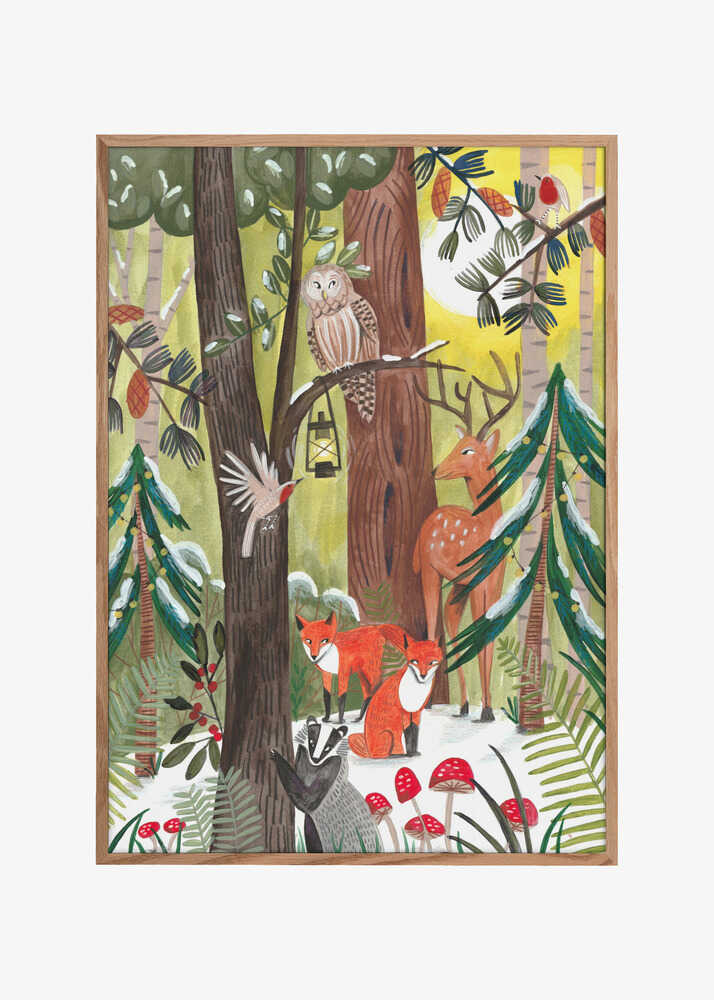 Green Christmas forest with animals