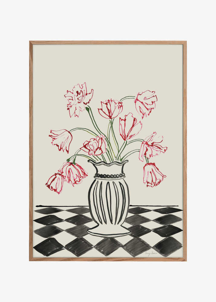 Pink Tulips In a Vase with Checkered Diamonds