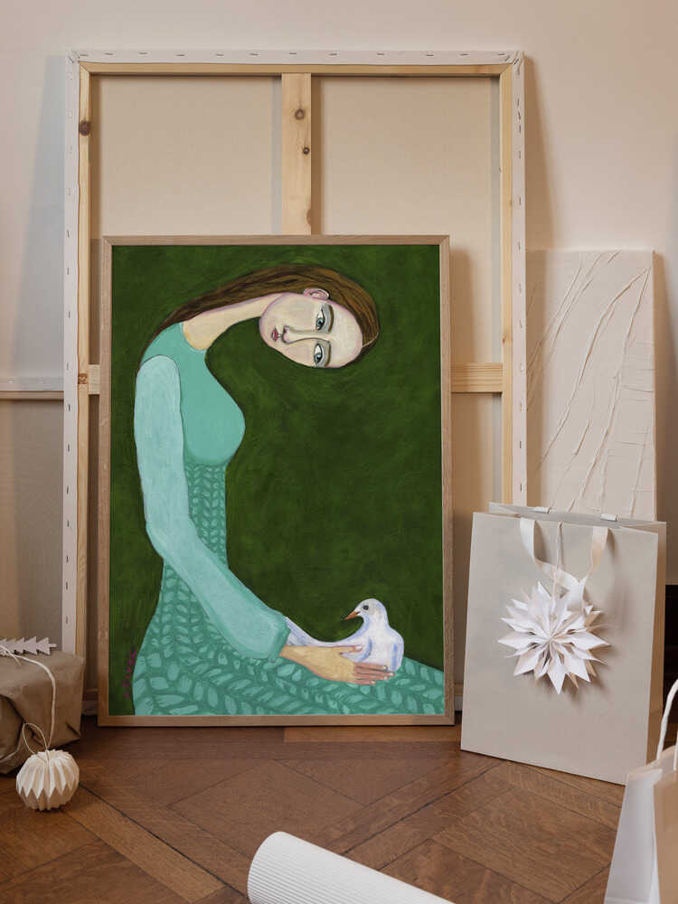 Lady sitting with white dove bird woman