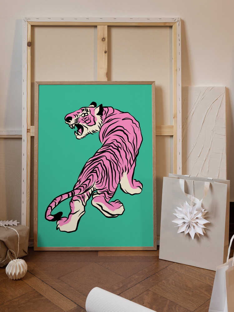 Pink Tiger Against A Teal Background