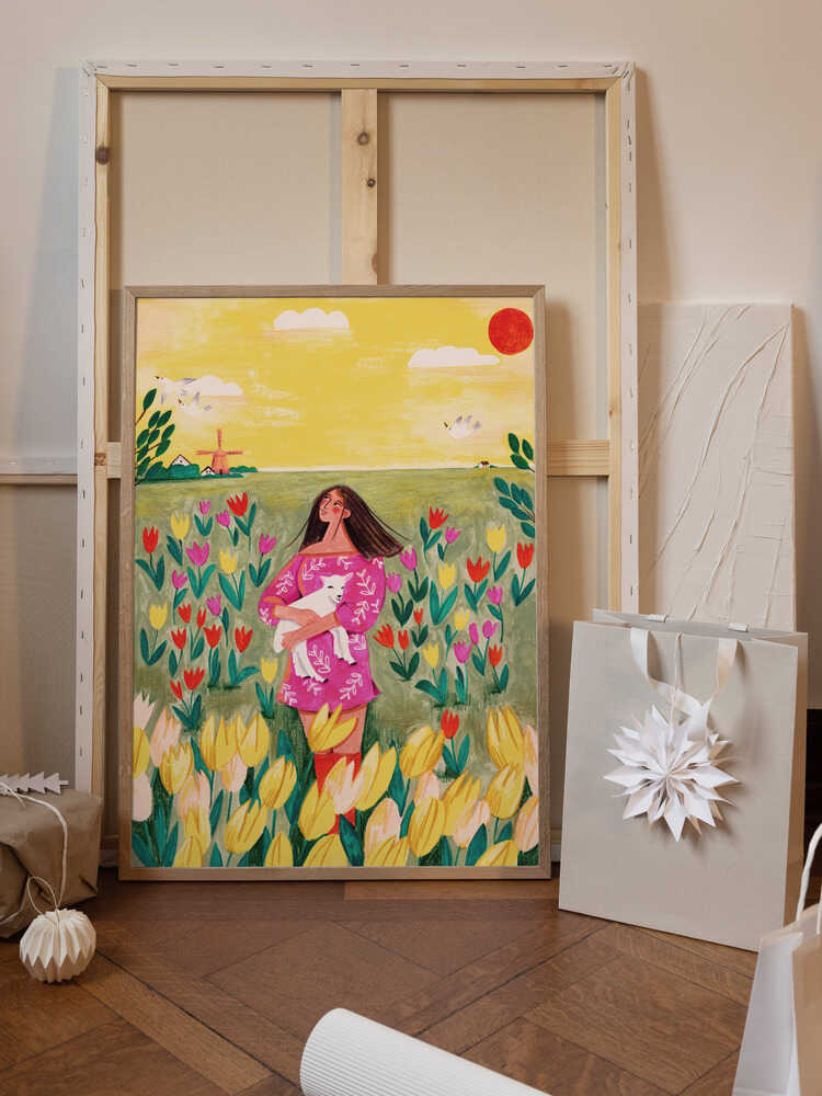 Woman in spring tulip field