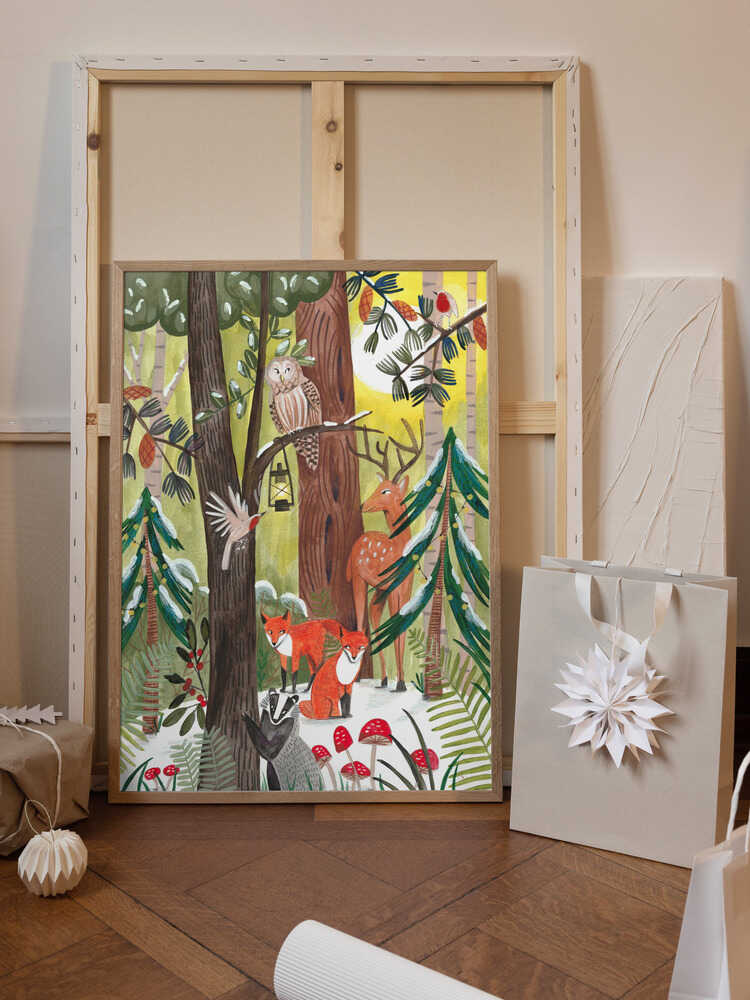 Green Christmas forest with animals