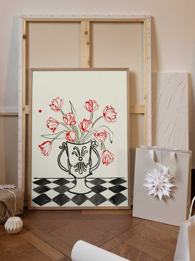 Red Tulips In a Vase with Checkered Diamonds