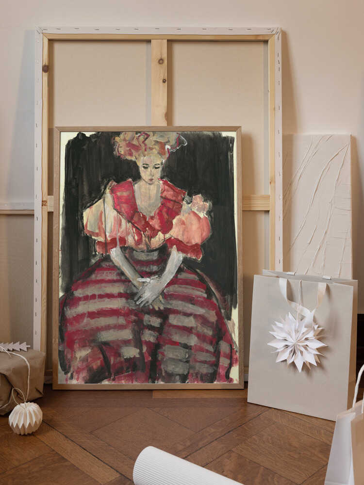 Woman in a Flowing Red Stripes Dress