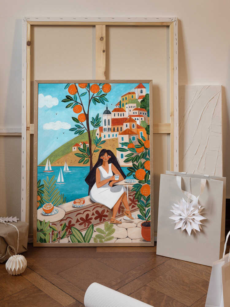 Travel poster woman in Mediterranean coast