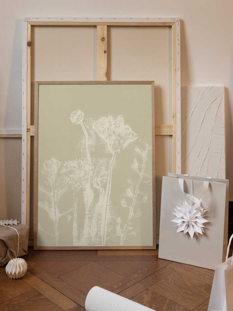 Abstract Florals. White meadow plants and flowers on neutral beige.