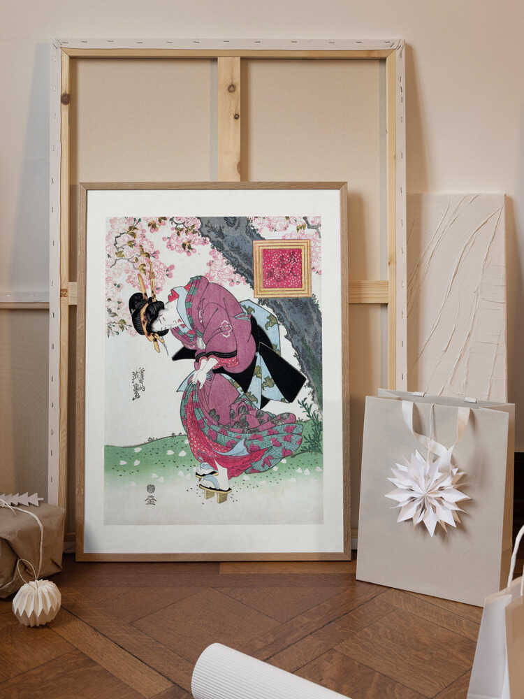 Japanese Woman and Cherry Blossom (1828) Vintage Woodblock Prints With Boarder