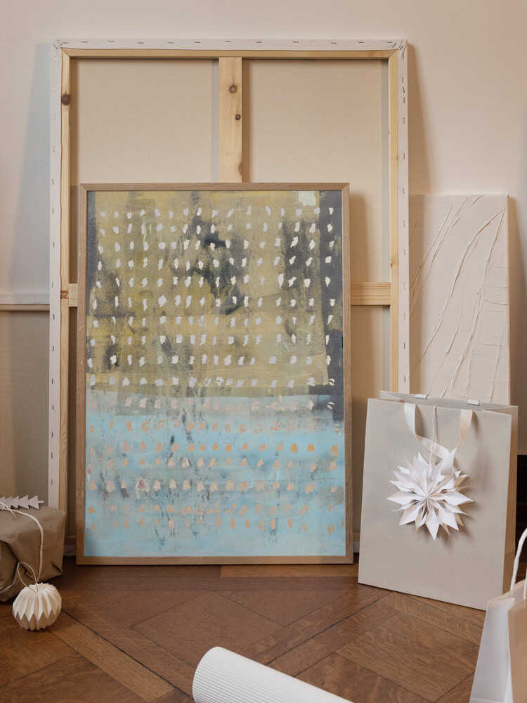 Contemporary Abstract In Yellow, Taupe, Light Blue